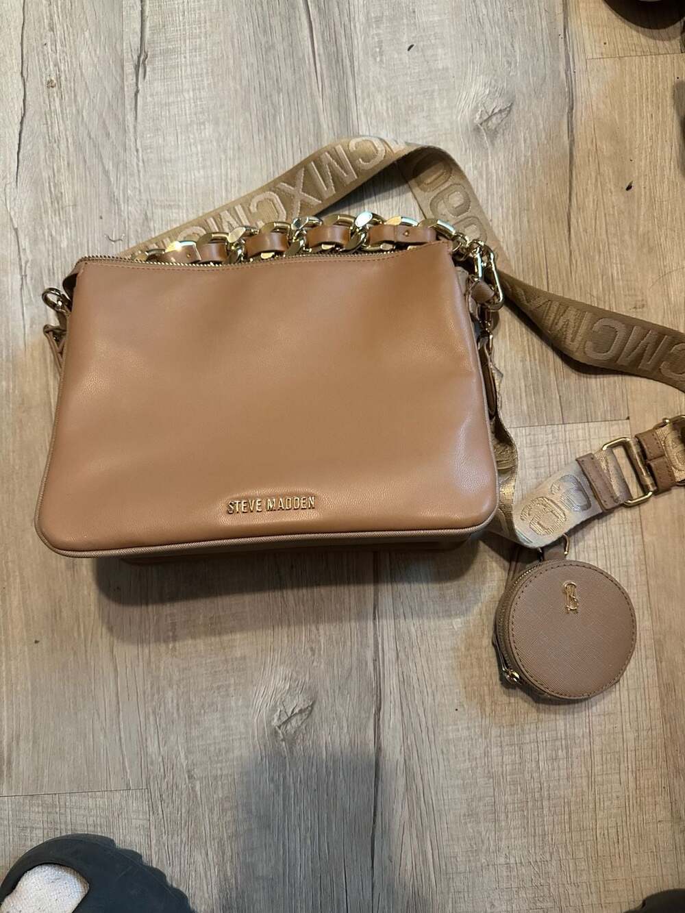Steve Madden Quilted Crossbody Bag Tan with Webbing Strap and Coin Pouch